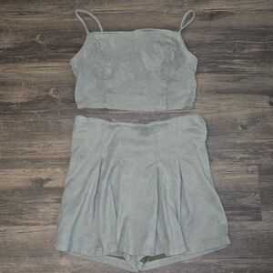 Muted Green Two-piece Set Pleated Skort With Matching Top Suede Size L